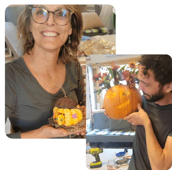 people holding decorative pumpkins