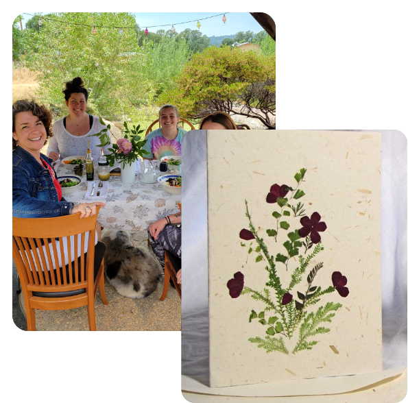two images, one of people sitting outside eating and smiling, the other of a press flower card